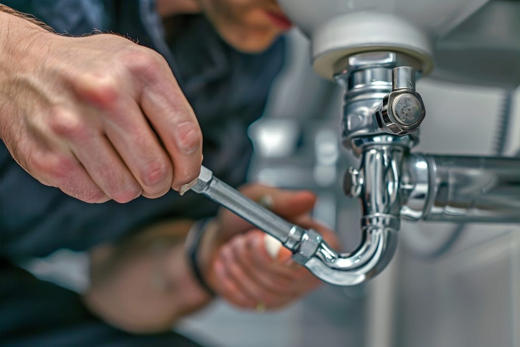 plumber using wrench repair bathroom pipe 1024x683